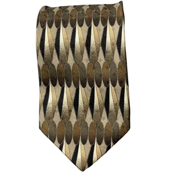 Baci Made In Italy Silk Tie With Geometric Pattern In Gold & Brown Vintage Neckt - Picture 8 of 8